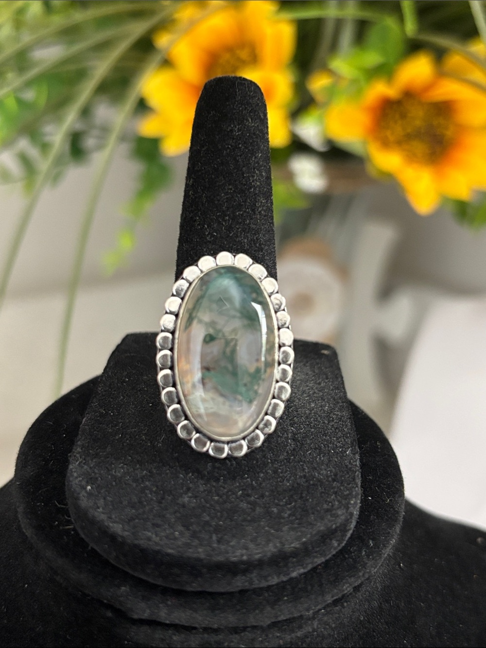 Sterling Silver Moss Agate Gemstone Ring size 8.75